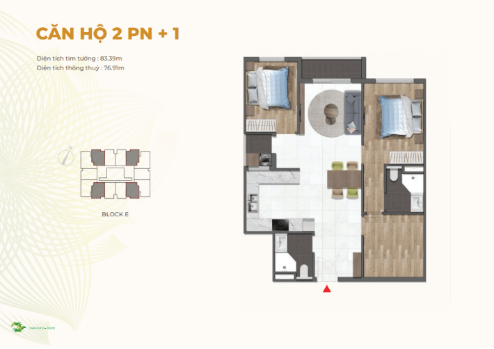 Mặt bằng Căn 2PN+1 loại 3