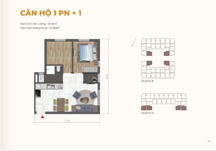 Mặt bằng Căn 1PN+1 loại 1 (Block B)