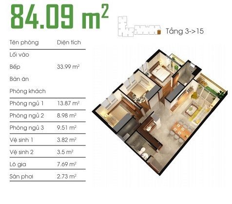 Mặt bằng Căn 3PN loại 1