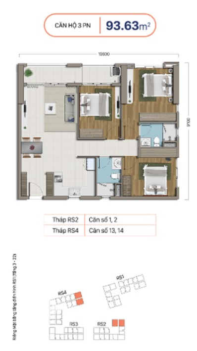 Mặt bằng Căn 3PN loại 6 (Block RS4 khu A)