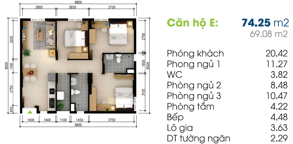Mặt bằng Căn E (Block 1)