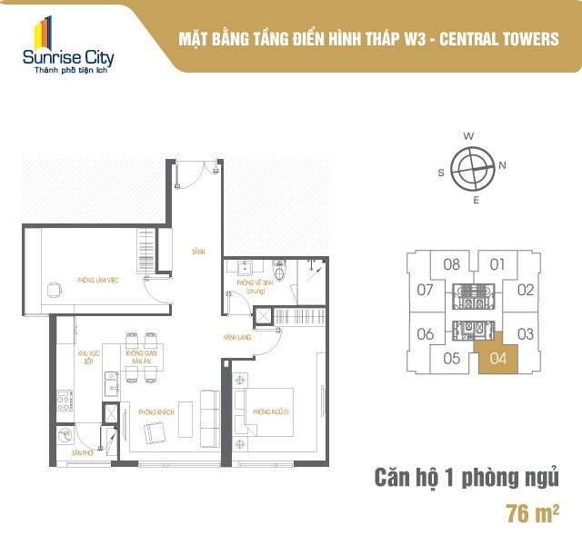 Mặt bằng Căn 1PN loại 2 (Central Tower W3)