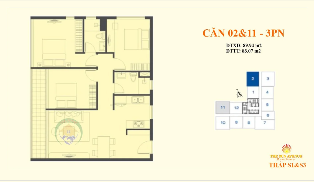 Mặt bằng 3PN A (Block S1&S3)