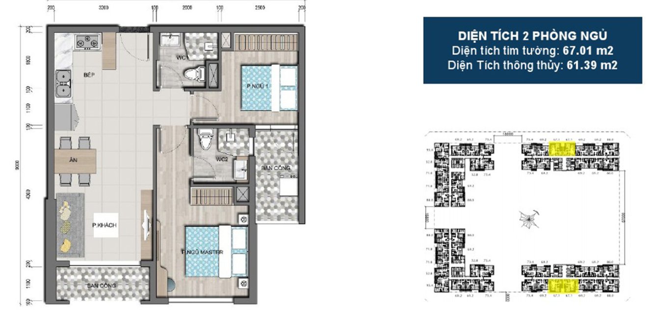Mặt bằng Căn 2PN loại 1 (Block 1)