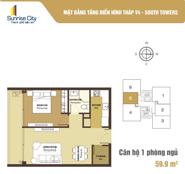 Mặt bằng Căn 1PN loại 2 (South Tower V4)