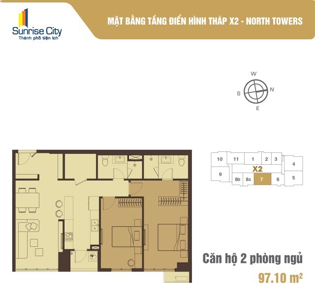 Mặt bằng Căn 2PN loại 3 (North Tower X2)