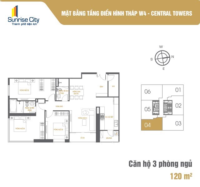 Mặt bằng Căn 3PN loại 3 (Central Tower W4)