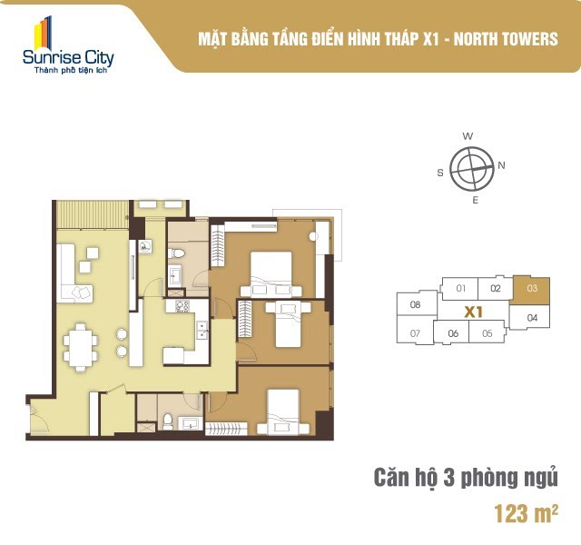 Mặt bằng Căn 3PN loại 1 (North Tower X1)