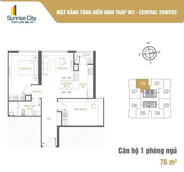 Mặt bằng Căn 1PN loại 4 (Central Tower W2)
