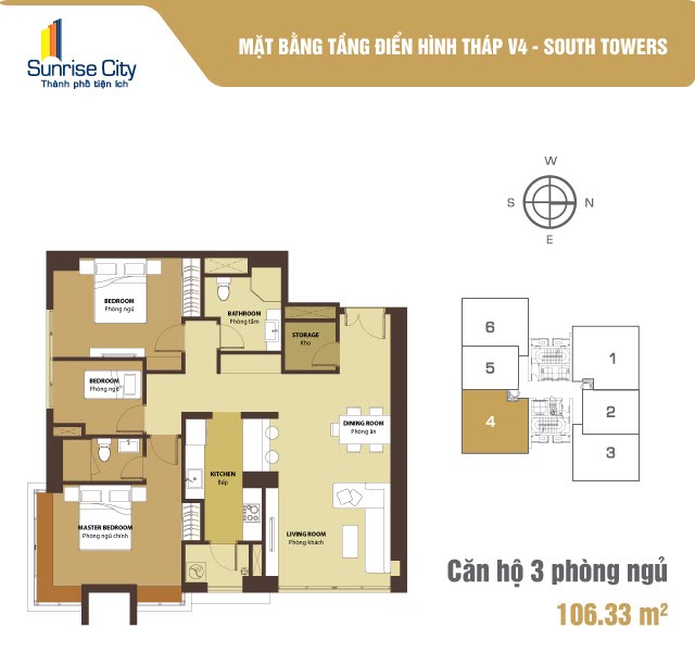 Mặt bằng Căn 3PN loại 2 (South Tower V4)