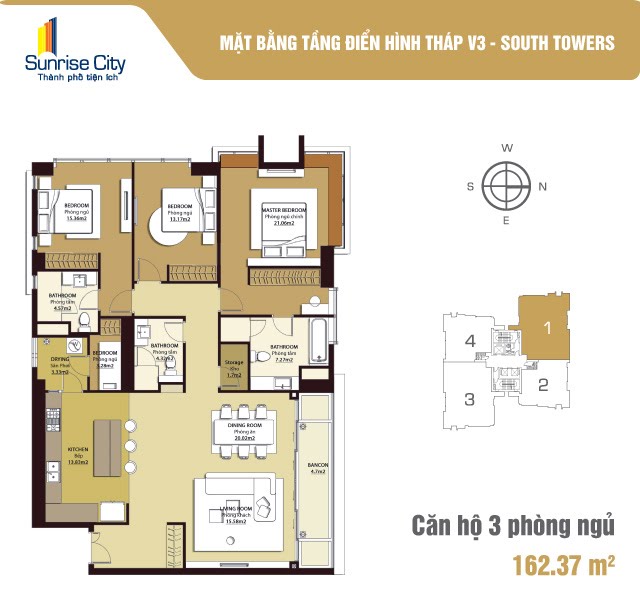 Mặt bằng Căn 3PN loại 1 (South Tower V3)