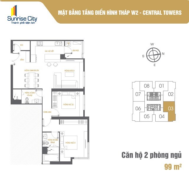 Mặt bằng Căn 2PN loại 2 (Central Tower W2)