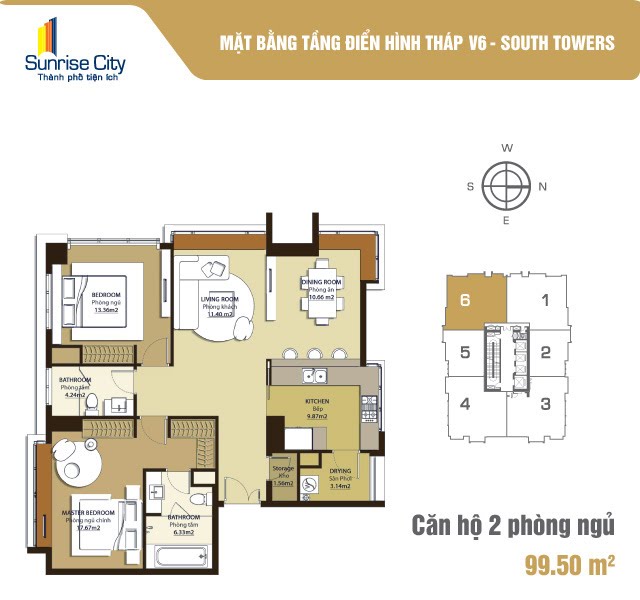 Mặt bằng Căn 2PN loại 1 (South Tower V6)