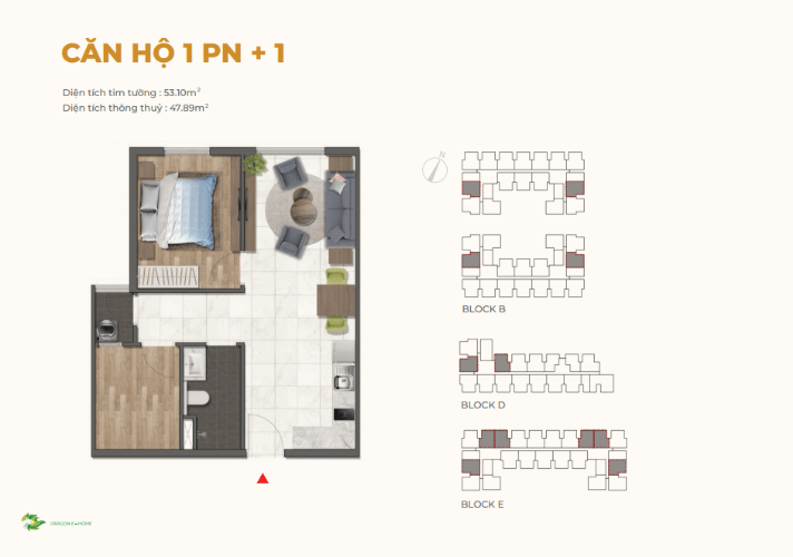 Mặt bằng Căn 1PN+1 loại 2 (Block E)