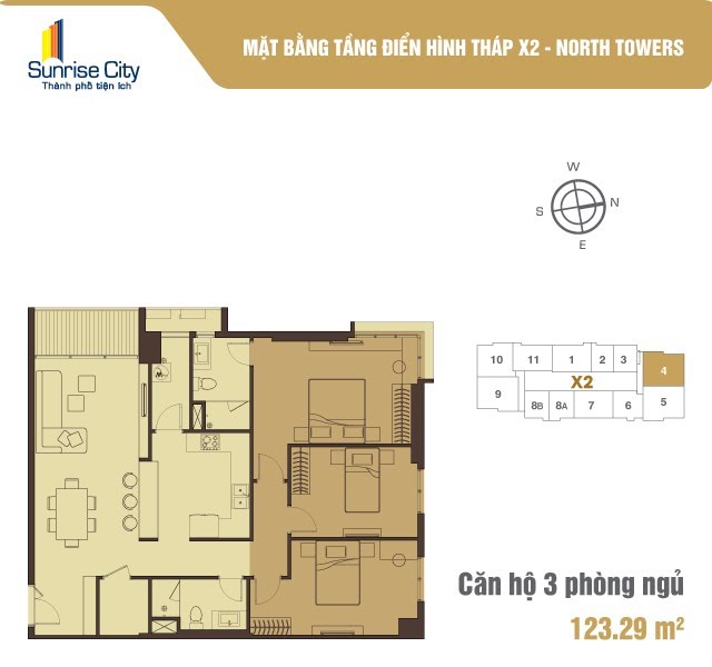Mặt bằng Căn 3PN loại 1 (North Tower X2)