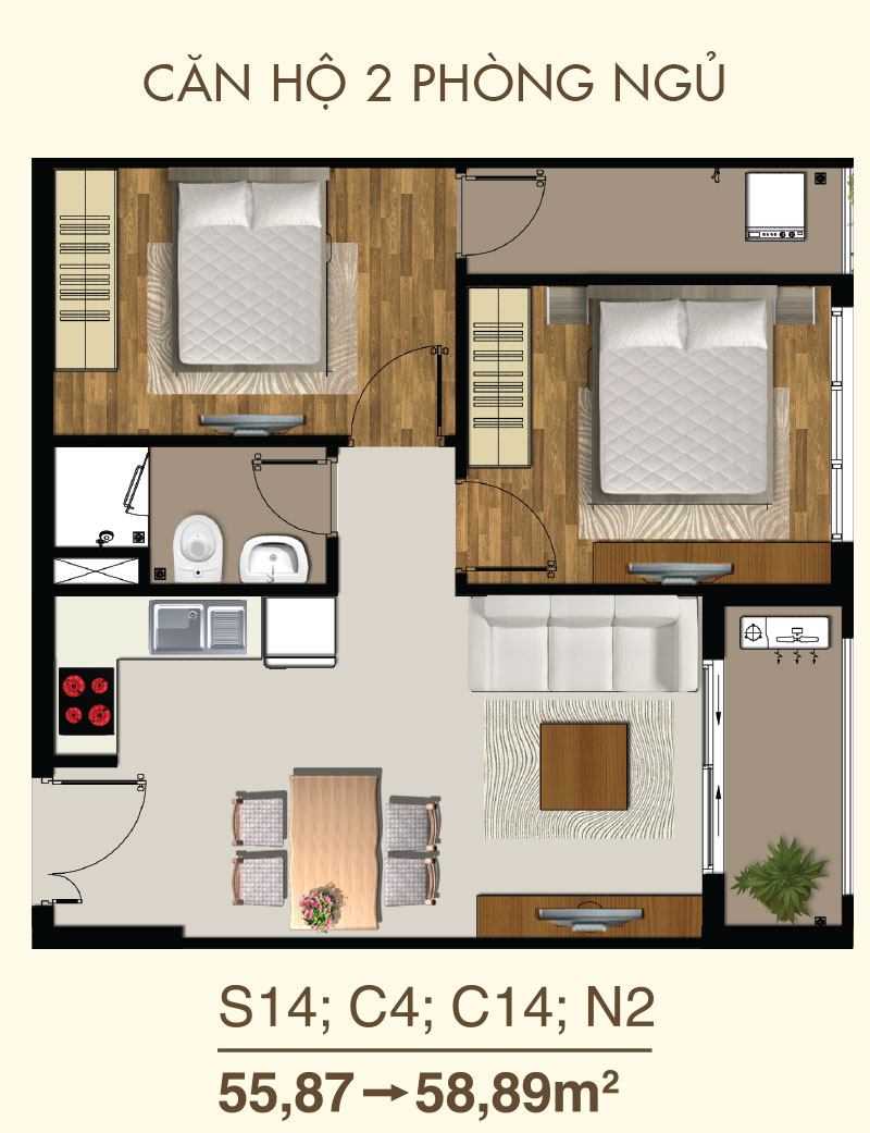 Mặt bằng Căn 2PN loại 1