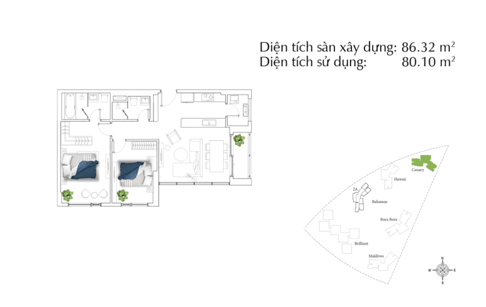 Mặt bằng Căn 2PN loại C (Canary)