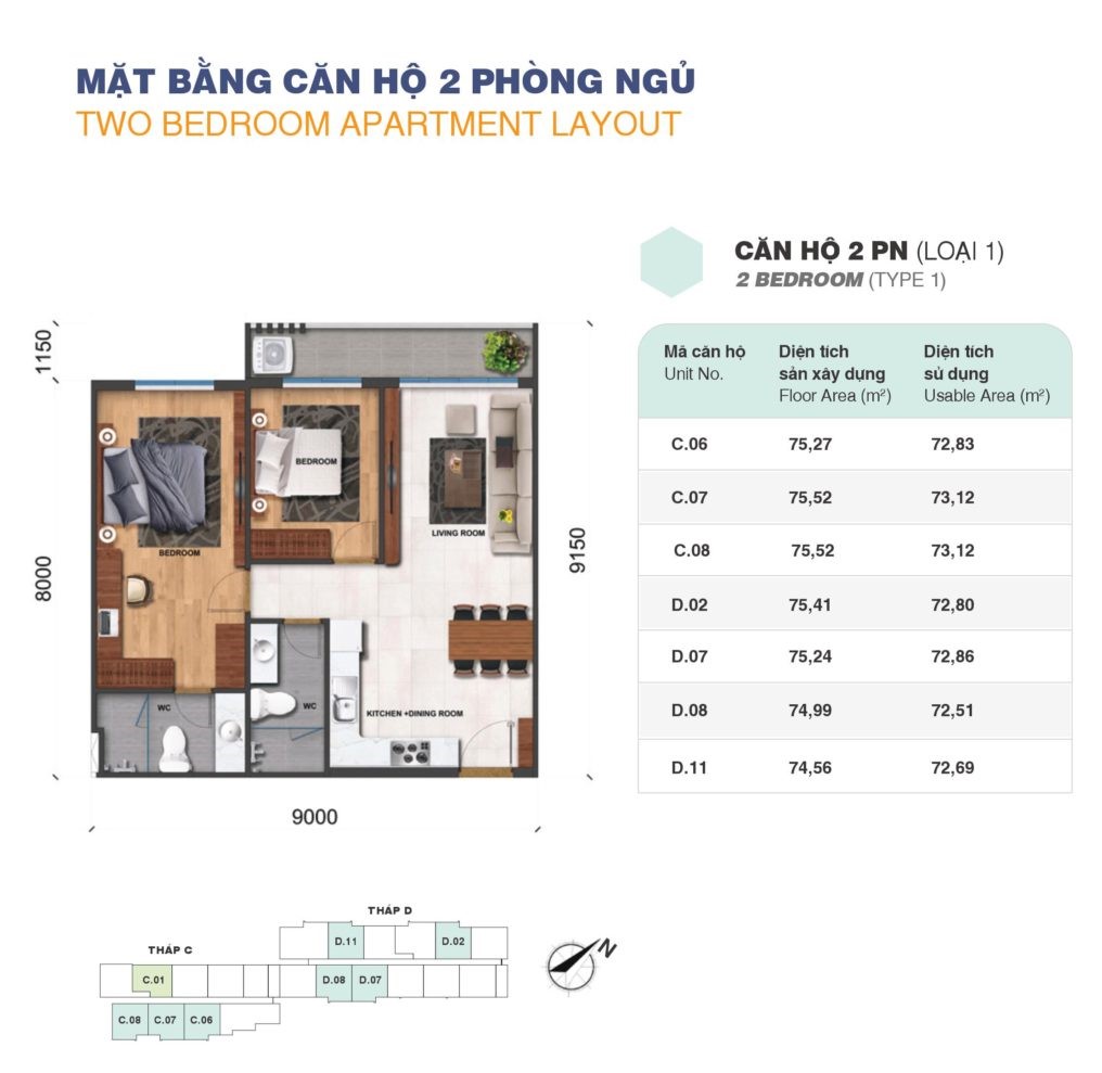 Mặt bằng 2PN loại 1