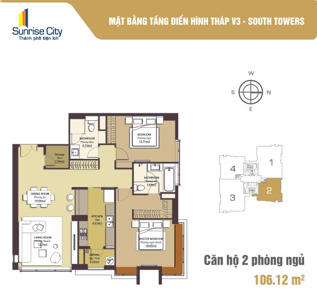 Mặt bằng Căn 2PN loại 1 (South Tower V3)