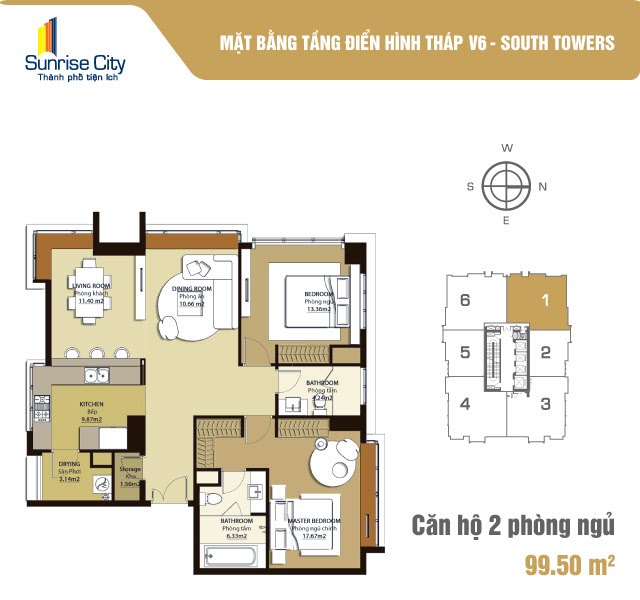 Mặt bằng Căn 2PN loại 2 (South Tower V6)