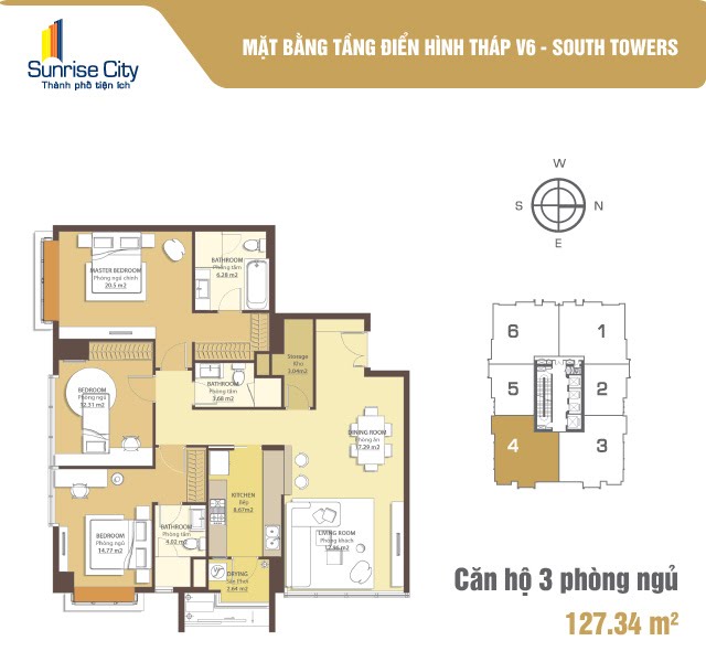 Mặt bằng Căn 3PN loại 1 (South Tower V6)