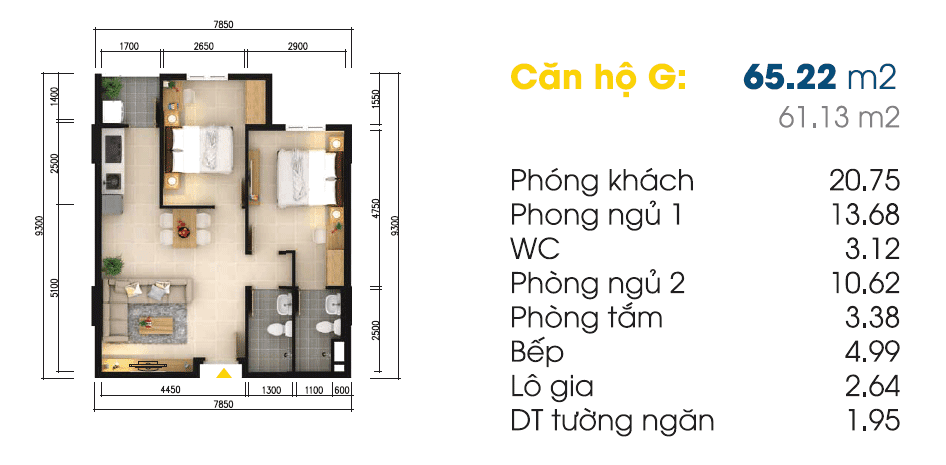 Mặt bằng Căn G (Block 2)