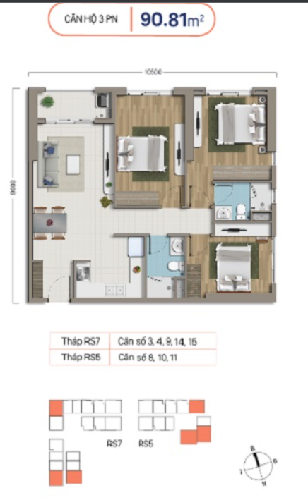 Mặt bằng Căn 3PN loại 3 (Block RS7 khu B)