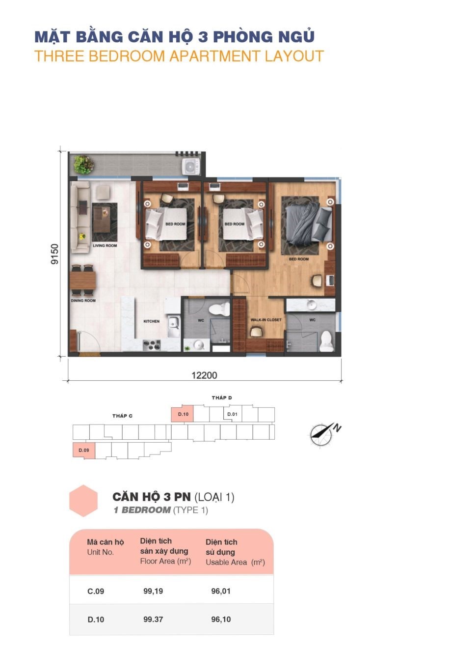Mặt bằng 3PN loại 1