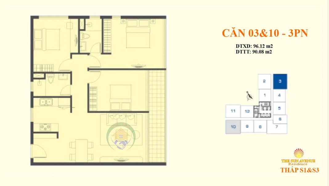 Mặt bằng 3PN B (Block S1&S3)