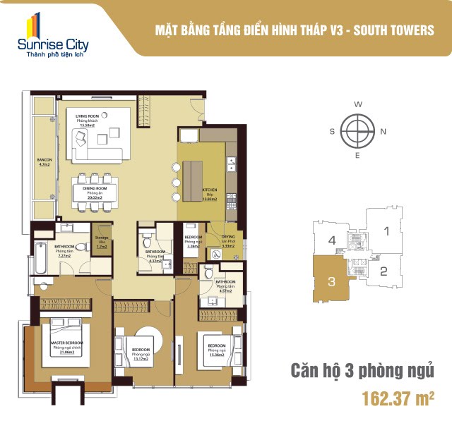 Mặt bằng Căn 3PN loại 2 (South Tower V3)