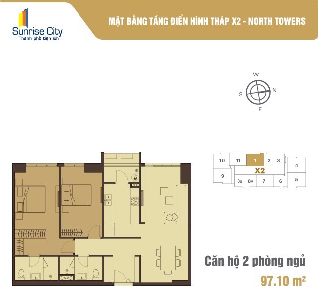 Mặt bằng Căn 2PN loại 1 (North Tower X2)