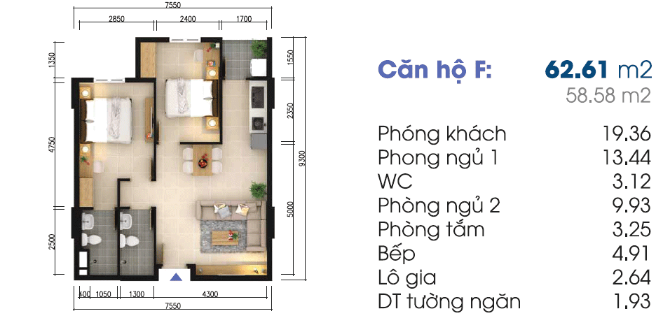 Mặt bằng Căn F (Block 2)