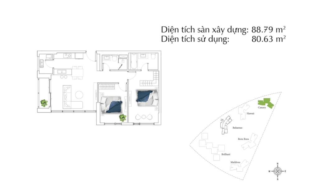 Mặt bằng Căn 2PN loại D (Canary)