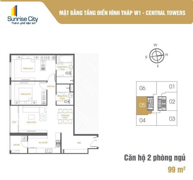 Mặt bằng Căn 2PN loại 2 (Central Tower W1)