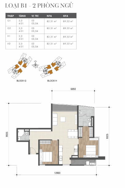 Mặt bằng Căn B1 (Block H)