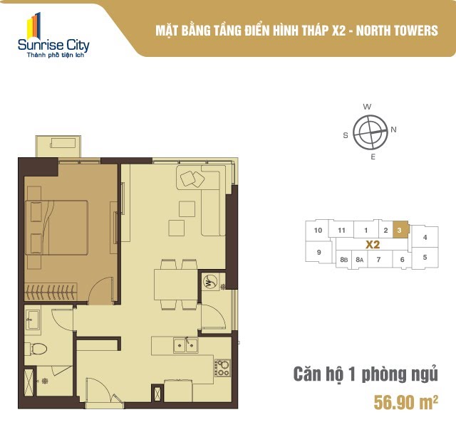 Mặt bằng Căn 1PN loại 2 (North Tower X2)