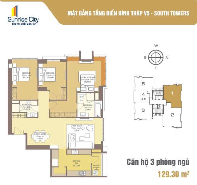 Mặt bằng Căn 3PN loại 1 (South Tower V5)