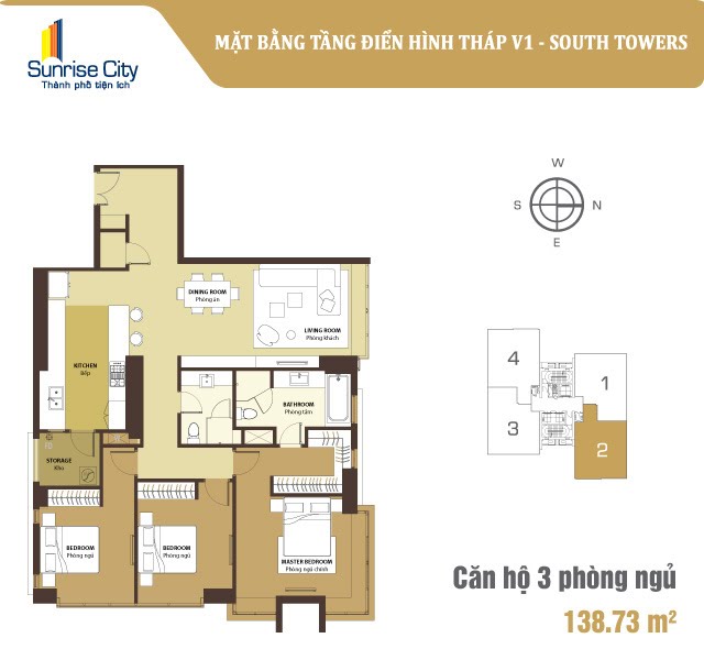 Mặt bằng Căn 3PN loại 2 (South Tower V1)