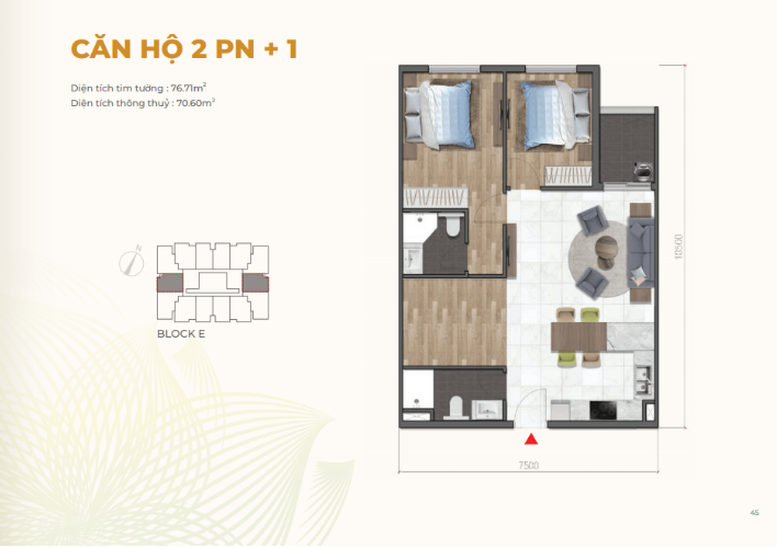 Mặt bằng Căn 2PN+1 loại 2