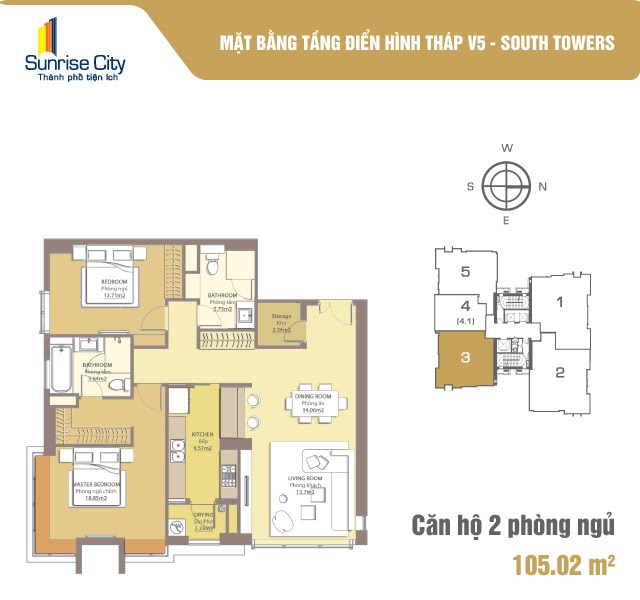 Mặt bằng Căn 2PN loại 1 (South Tower V5)