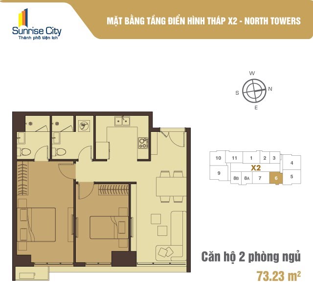 Mặt bằng Căn 2PN loại 2 (North Tower X2)