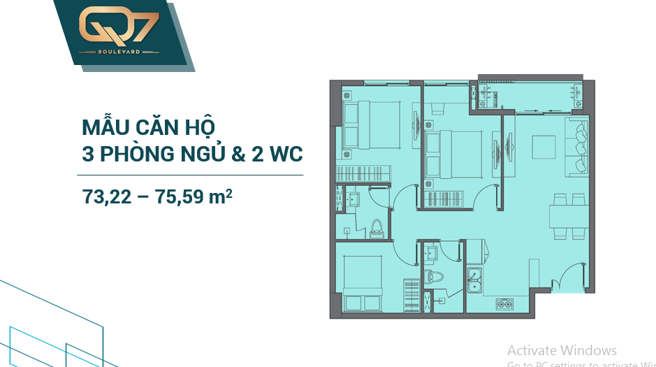 Mặt bằng Căn 3PN - 2WC