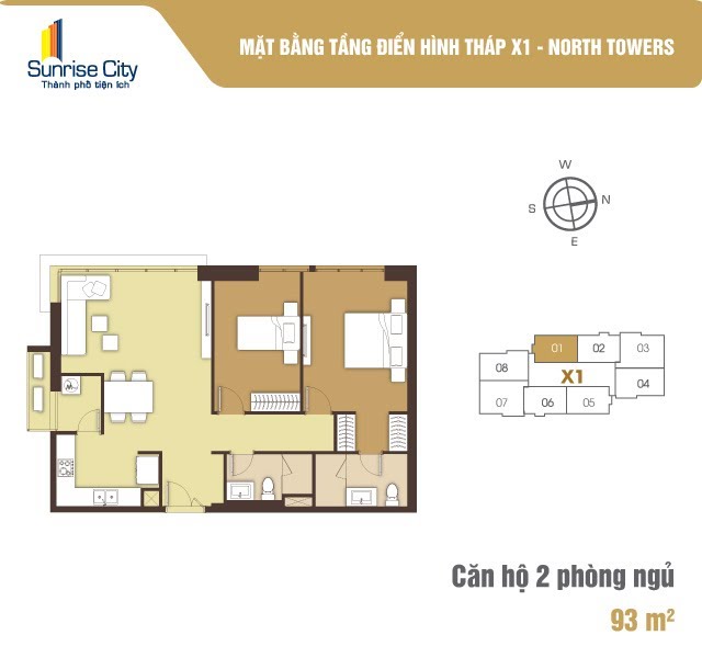 Mặt bằng Căn 2PN loại 1 (North Tower X1)