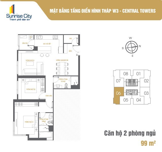 Mặt bằng Căn 2PN loại 3 (Central Tower W3)