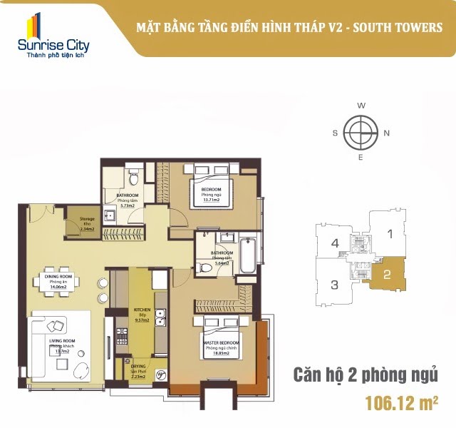 Mặt bằng Căn 2PN loại 1 (South Tower V2)