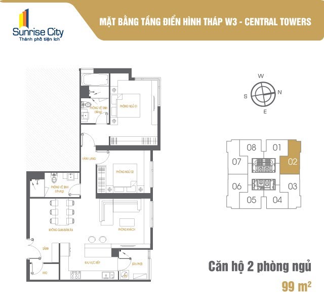 Mặt bằng Căn 2PN loại 1 (Central Tower W3)