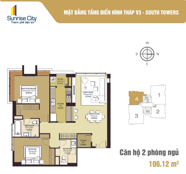 Mặt bằng Căn 2PN loại 2 (South Tower V3)