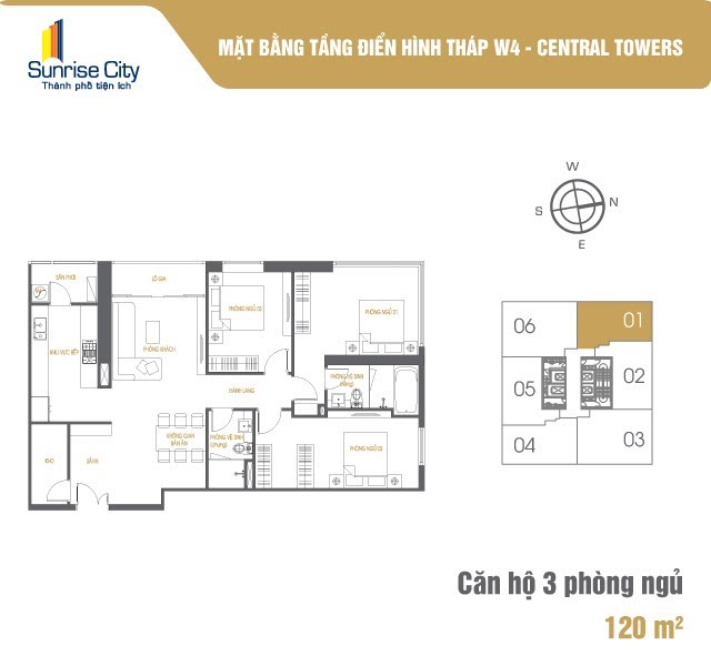 Mặt bằng Căn 3PN loại 1 (Central Tower W4)