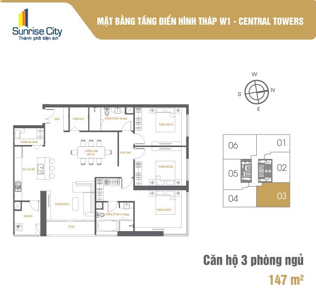 Mặt bằng Căn 3PN loại 1 (Central Tower W1)