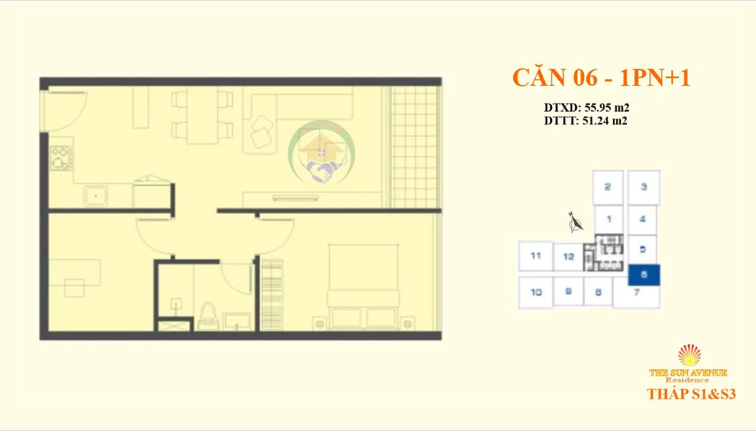 Mặt bằng 1PN+1 (Block S1&S3)